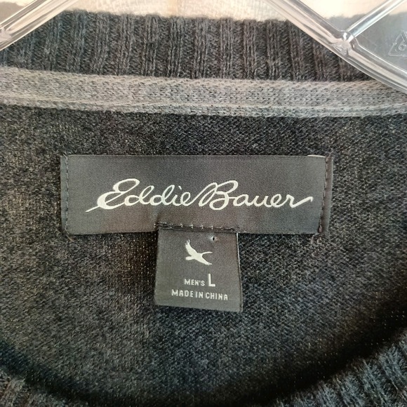 Eddie Bauer Men's Size L Merino Wool Navy Gray Crew Neck Sweater Waffle Front - Picture 3 of 7